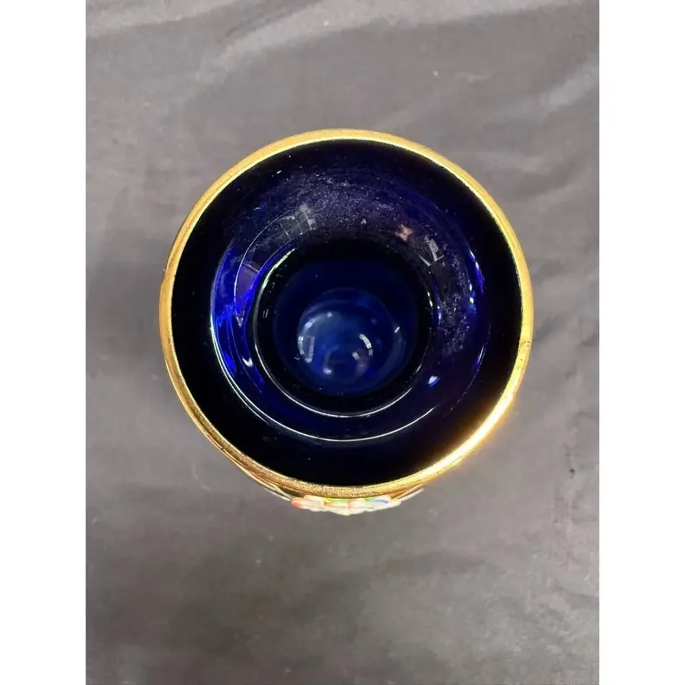 Cobalt Blue & Gold Bohemian Style Decanter (5) Shot Glasses Hand Painted Flowers